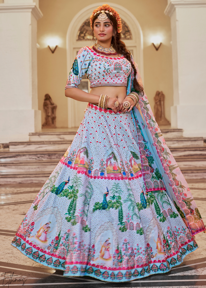 Powder Blue Architectural-Print Silk Lehenga