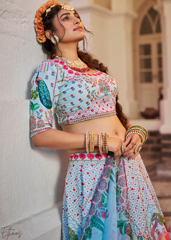 Powder Blue Architectural-Print Silk Lehenga