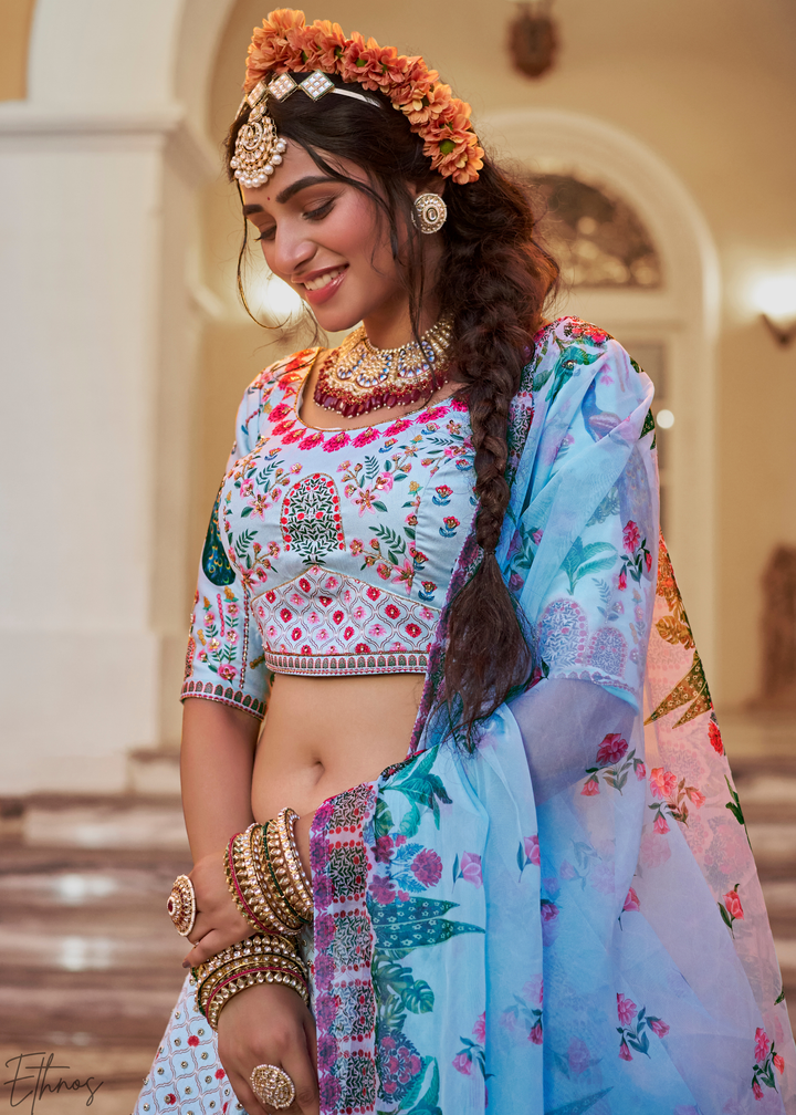 Powder Blue Architectural-Print Silk Lehenga