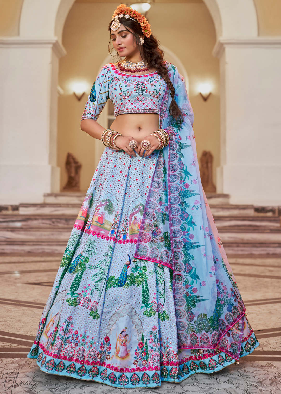 Powder Blue Architectural-Print Silk Lehenga