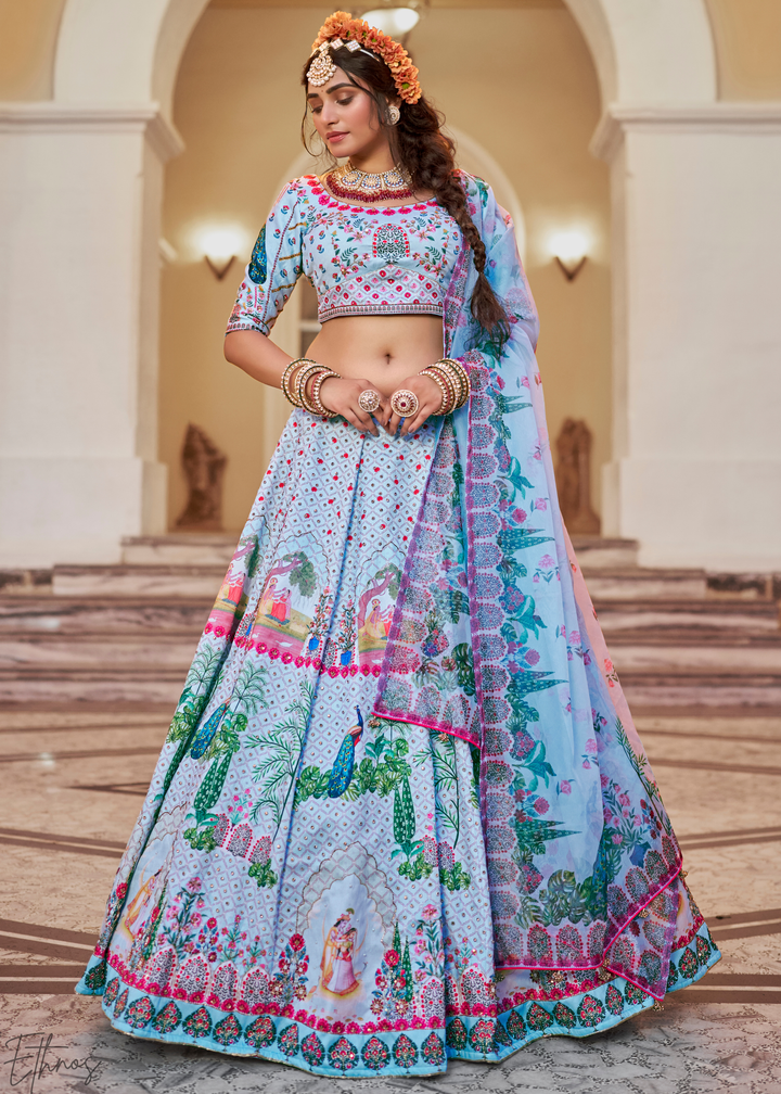 Powder Blue Architectural-Print Silk Lehenga