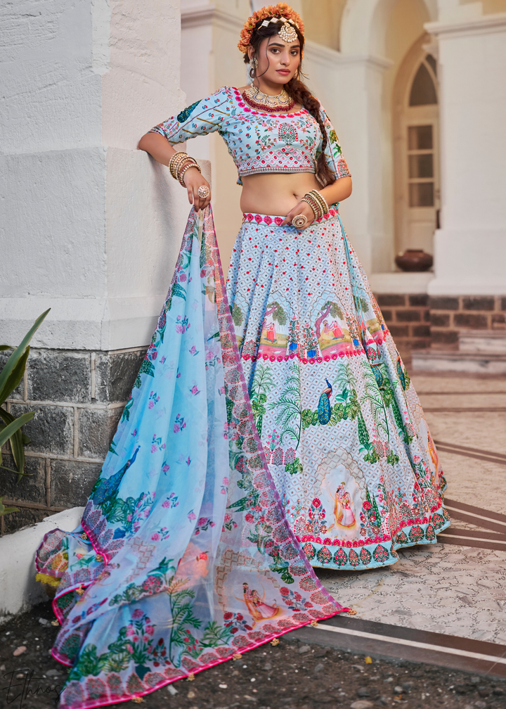 Powder Blue Architectural-Print Silk Lehenga