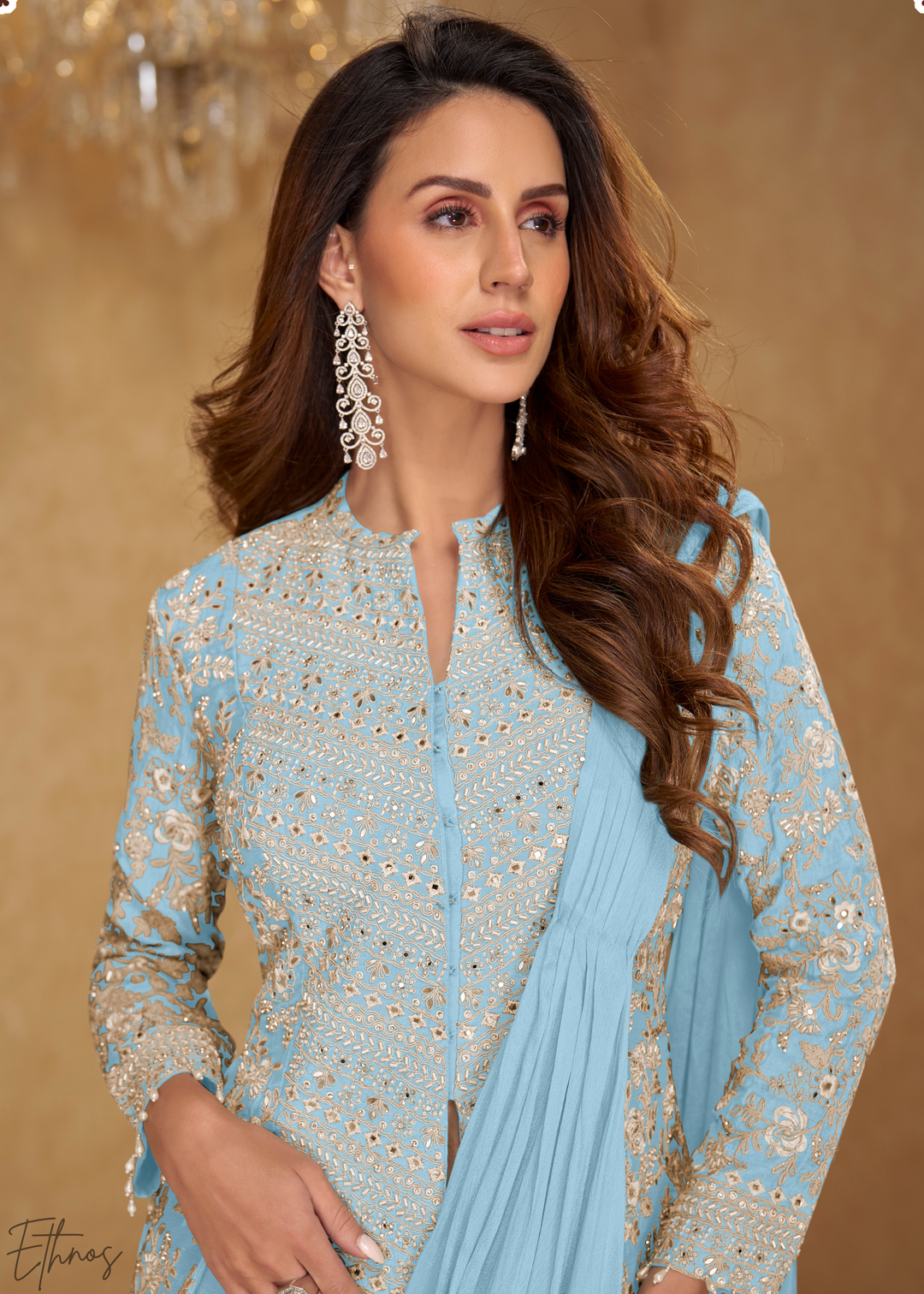 Powder Blue Embroidered Jacket Chinon Saree Skirt Set