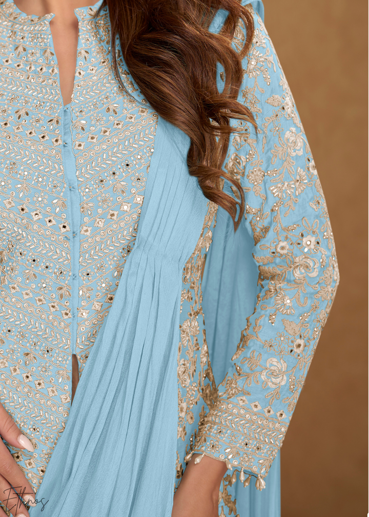 Powder Blue Embroidered Jacket Chinon Saree Skirt Set