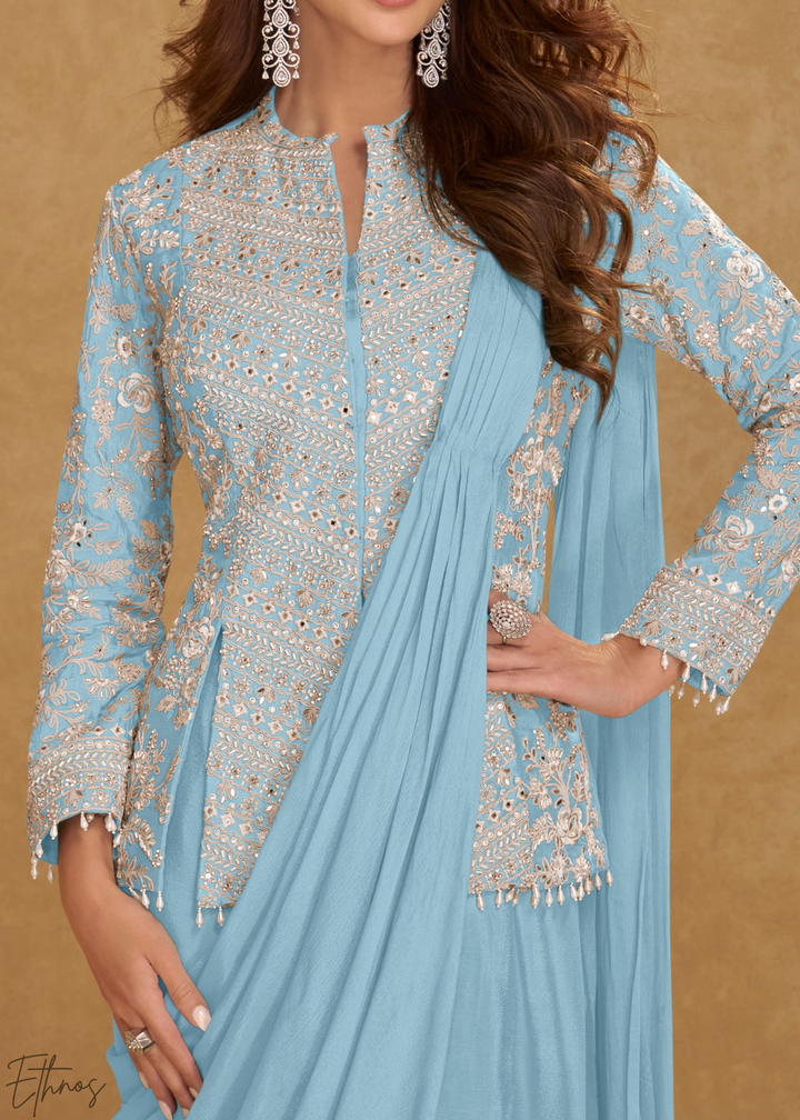 Powder Blue Embroidered Jacket Chinon Saree Skirt Set