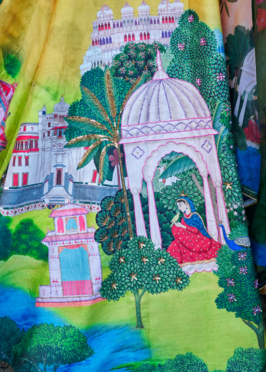Mustard Yellow Architectural-Print Silk Lehenga