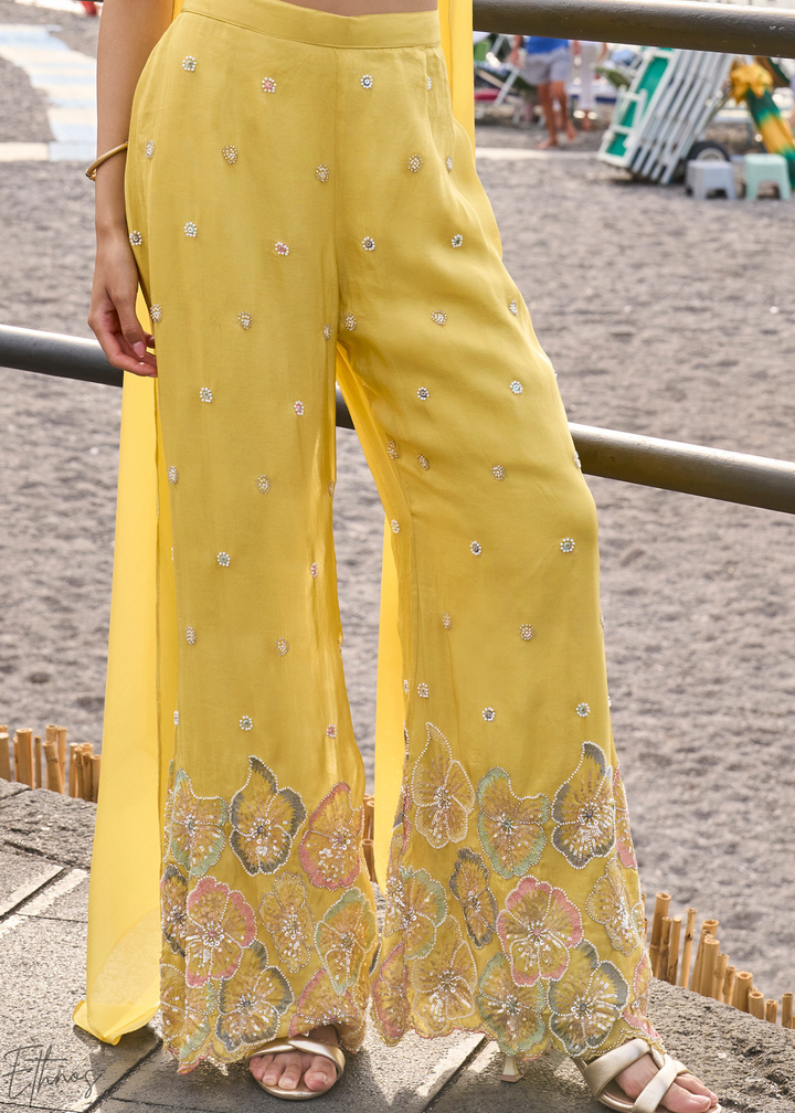 Primrose Yellow Chinon Crop Top Palazzo Set