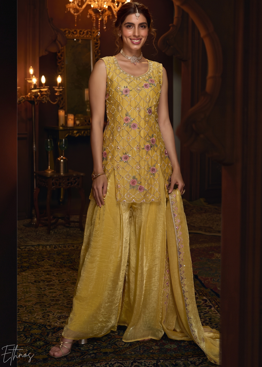 Primrose Yellow Diamond-Geo Silk Palazzo Suit