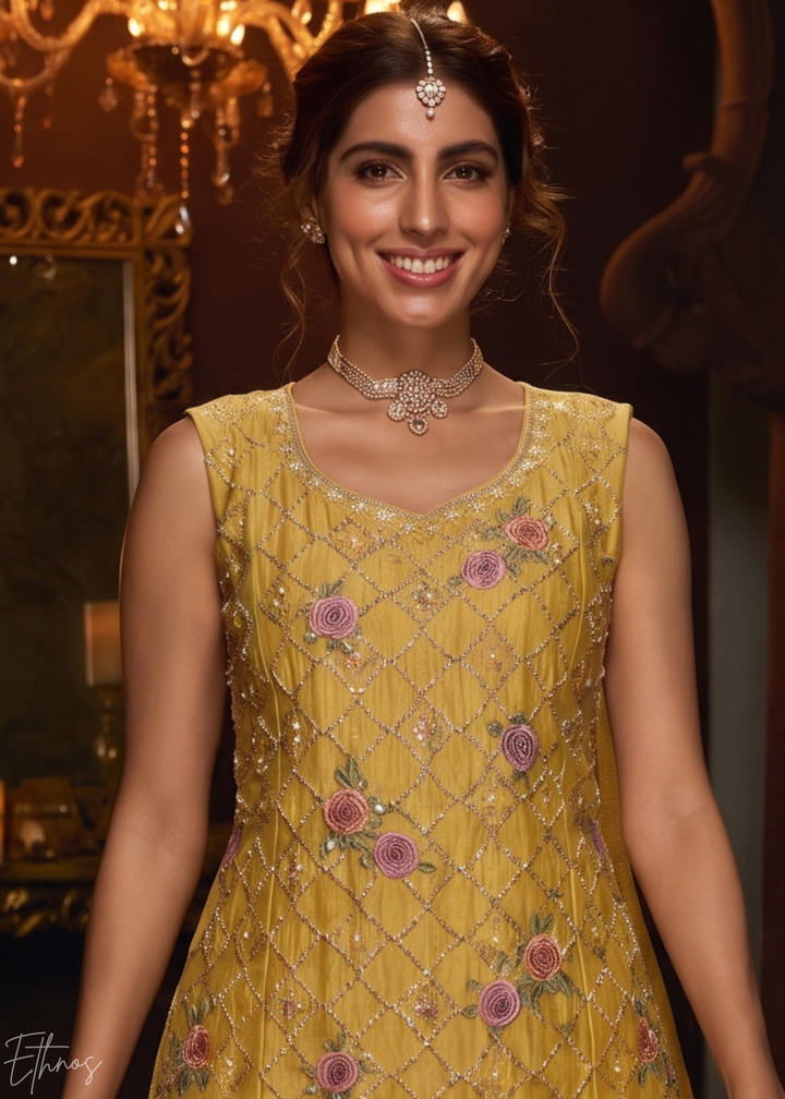 Primrose Yellow Diamond-Geo Silk Palazzo Suit