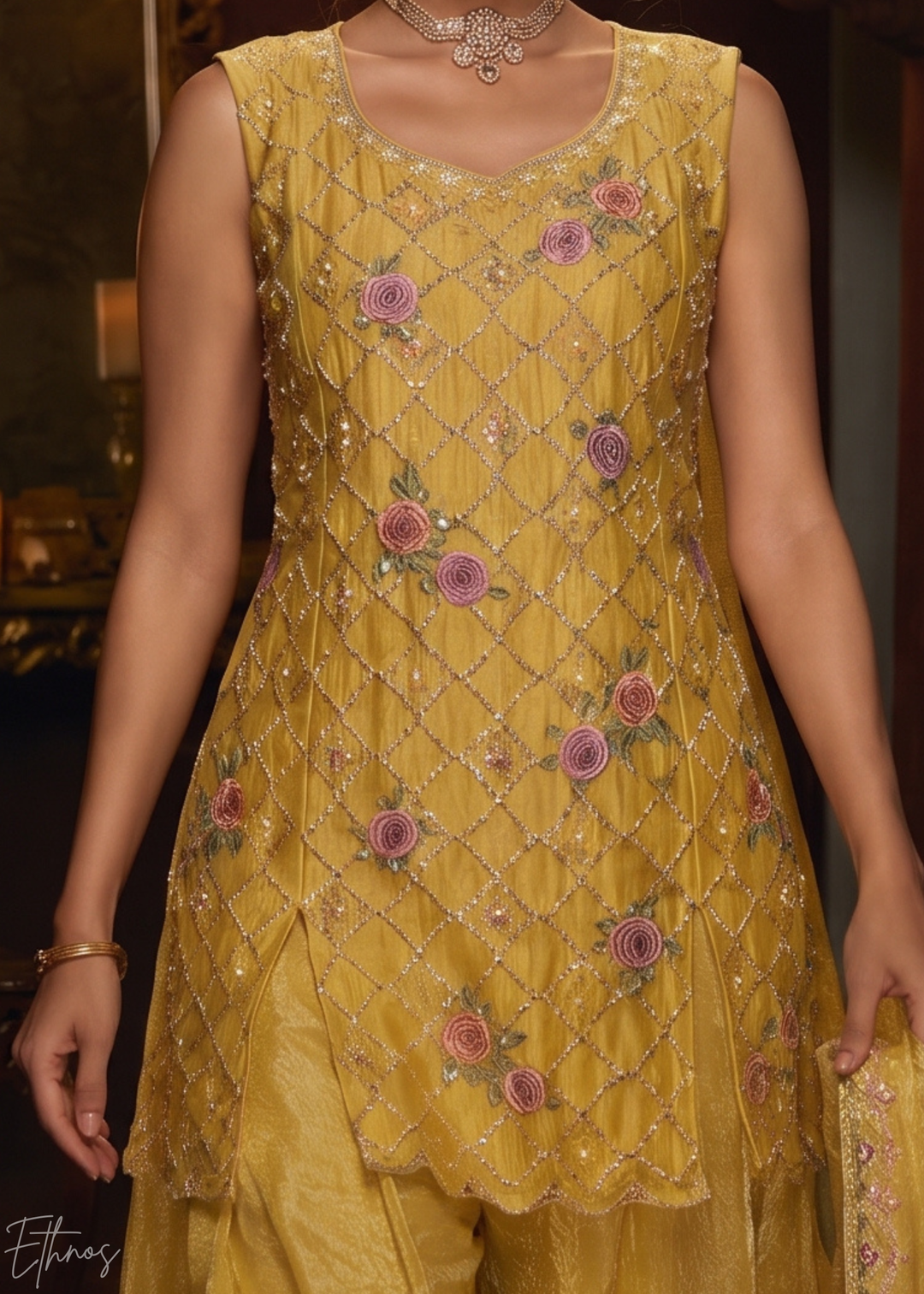 Primrose Yellow Diamond-Geo Silk Palazzo Suit