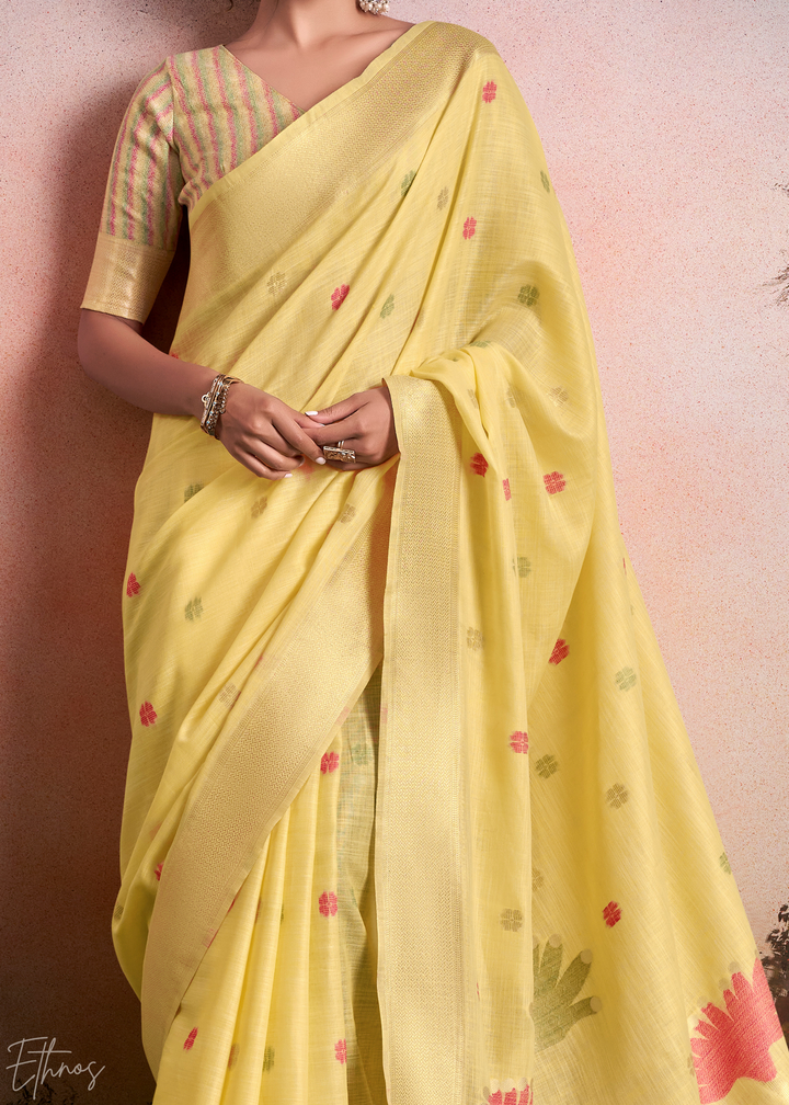 Primrose Yellow Lotus Pallu Linen Silk Saree