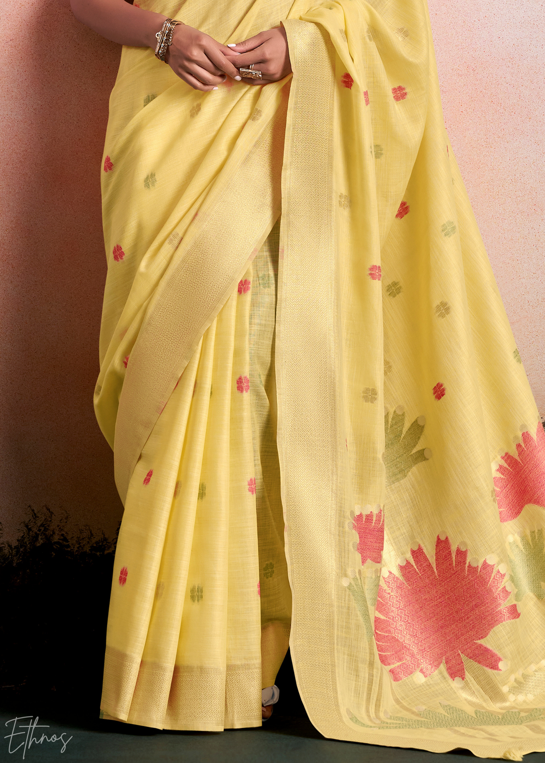 Primrose Yellow Lotus Pallu Linen Silk Saree
