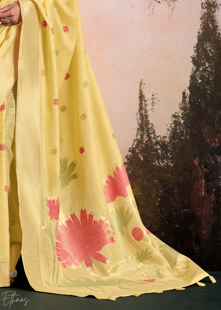 Primrose Yellow Lotus Pallu Linen Silk Saree
