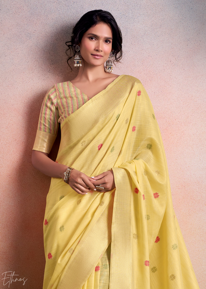 Primrose Yellow Lotus Pallu Linen Silk Saree