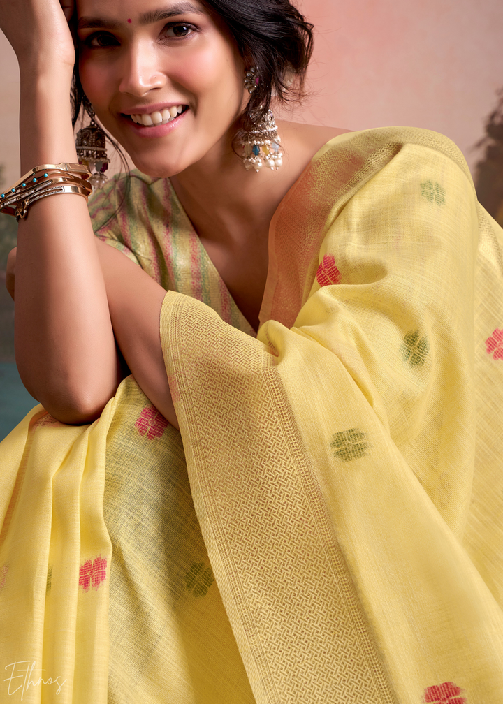 Primrose Yellow Lotus Pallu Linen Silk Saree