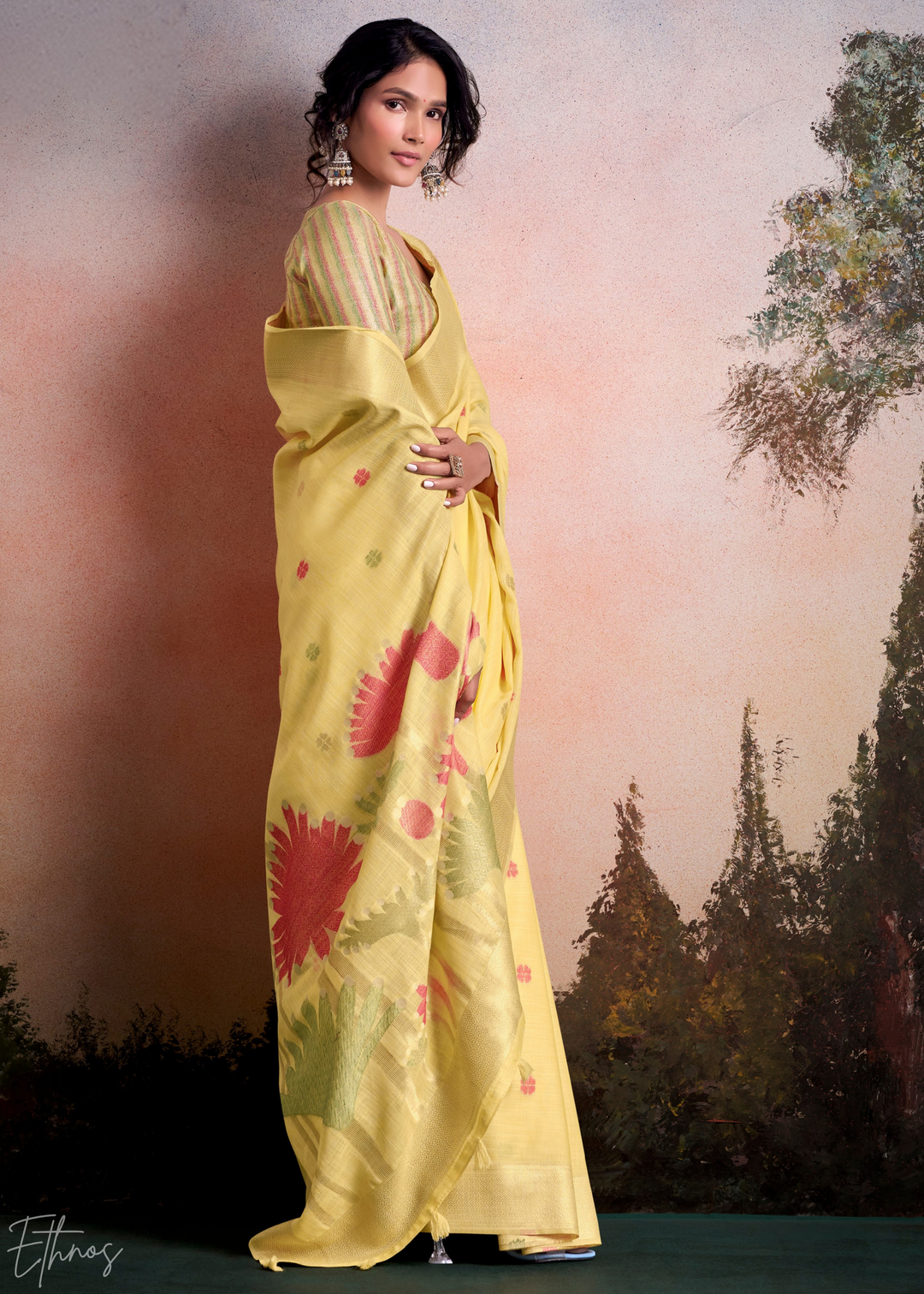Primrose Yellow Lotus Pallu Linen Silk Saree