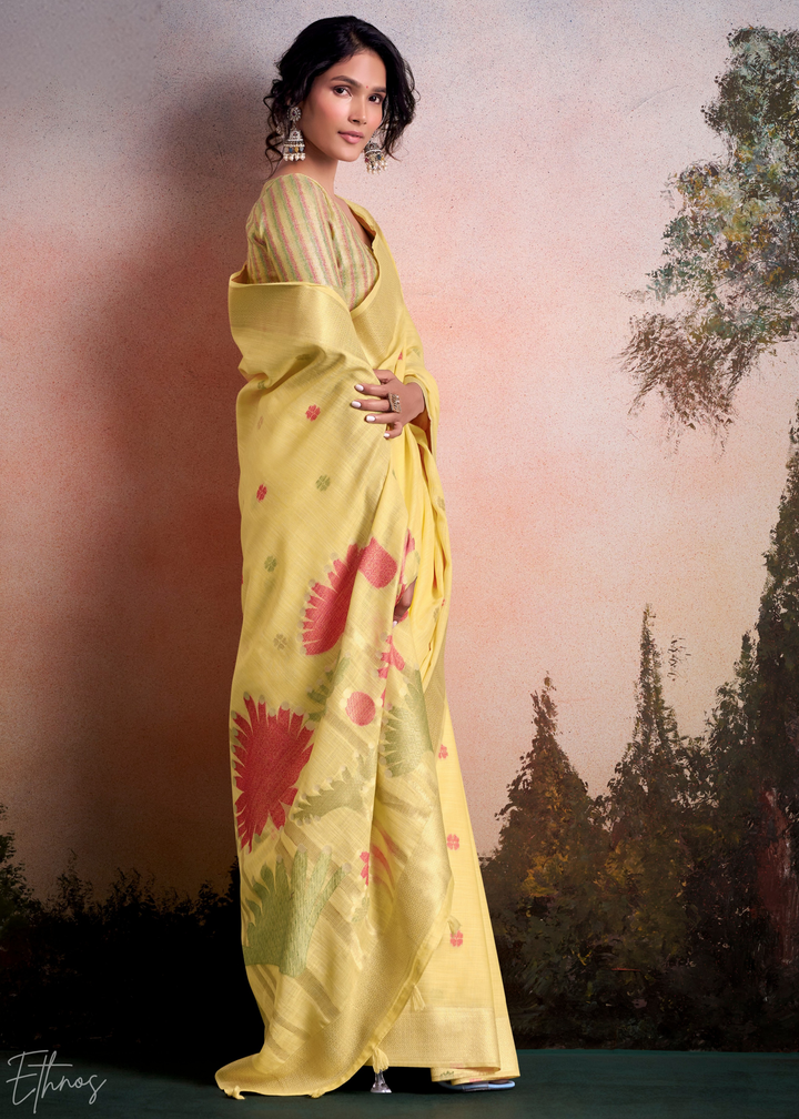 Primrose Yellow Lotus Pallu Linen Silk Saree