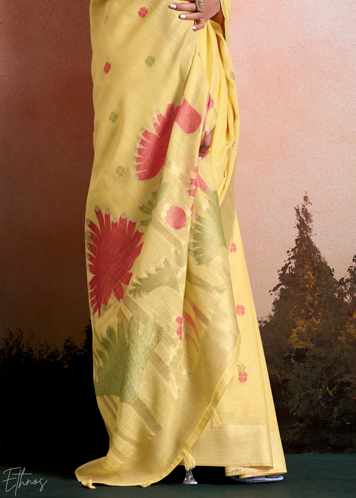 Primrose Yellow Lotus Pallu Linen Silk Saree