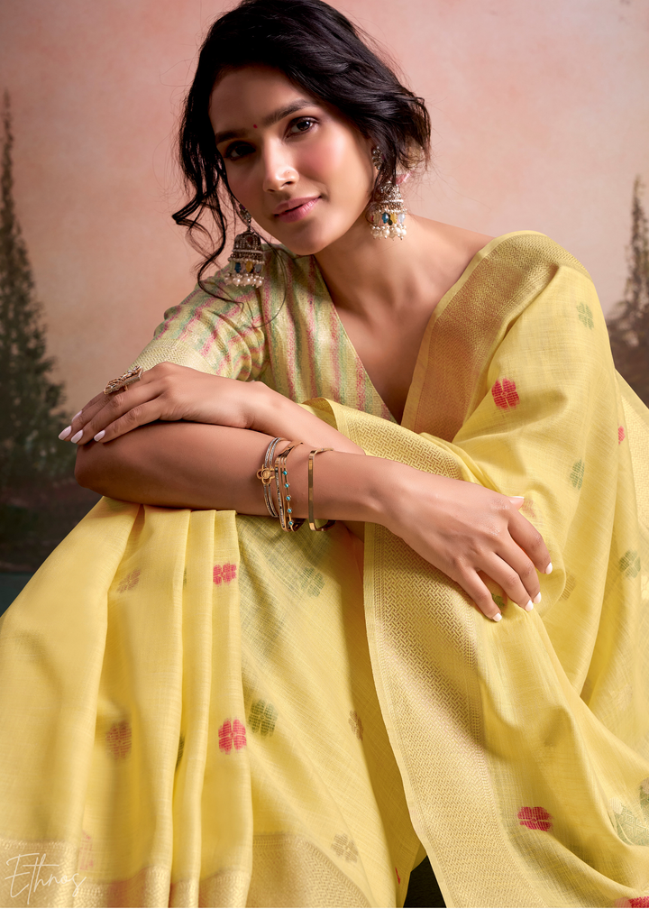 Primrose Yellow Lotus Pallu Linen Silk Saree