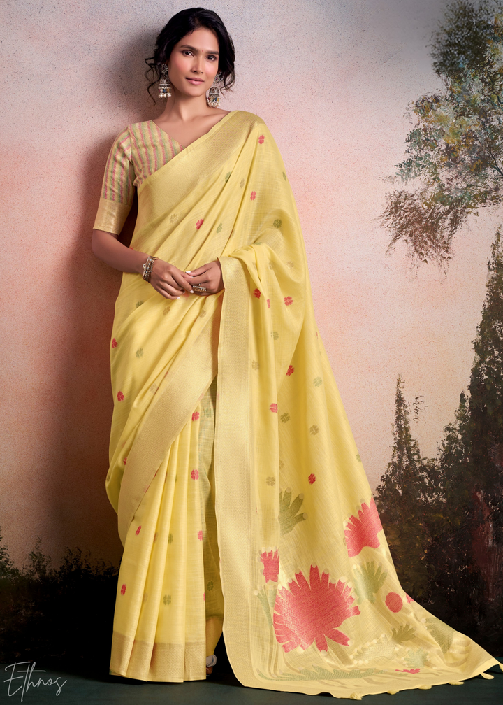 Primrose Yellow Lotus Pallu Linen Silk Saree