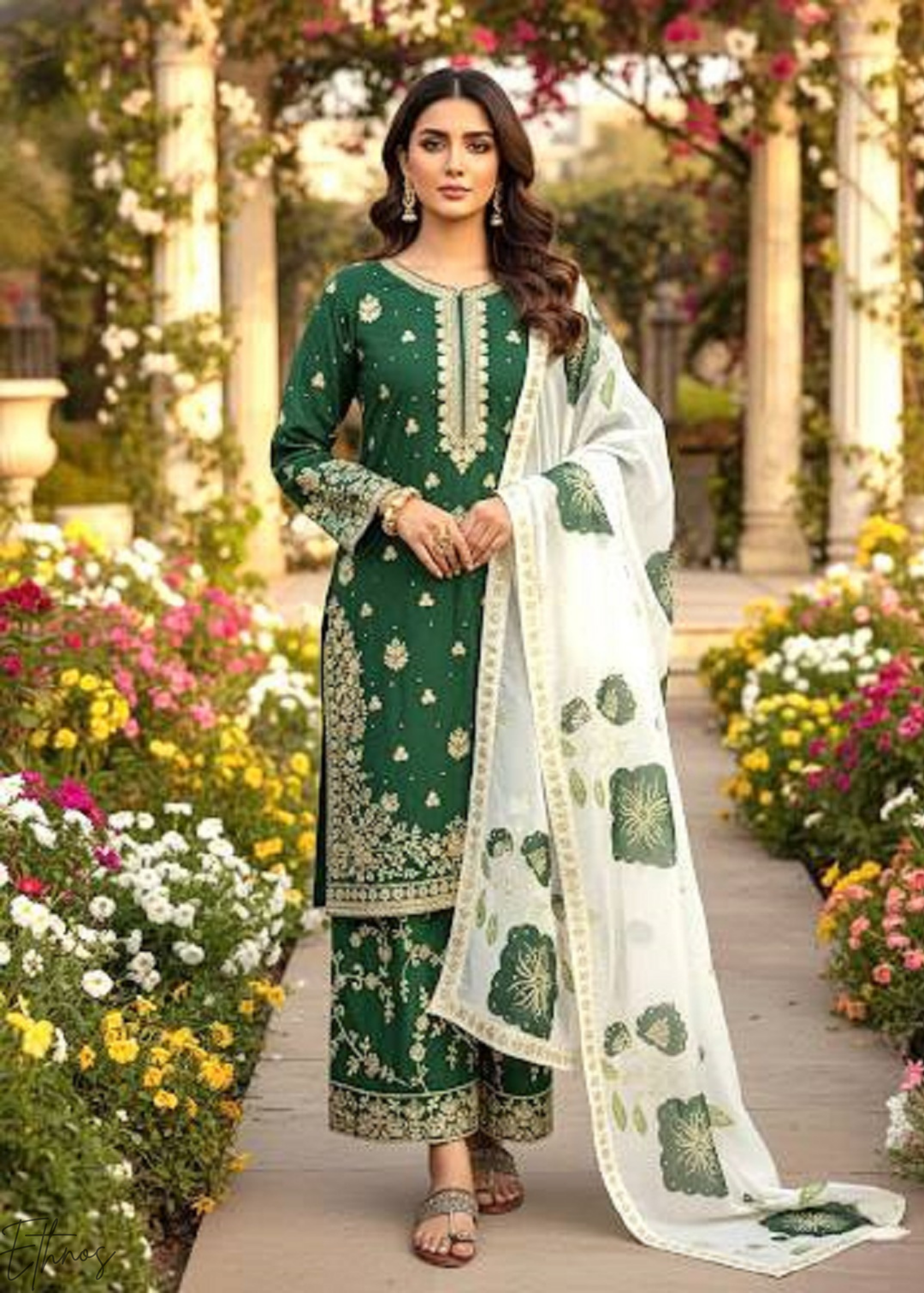 Printed Green Silk Palazzo Suit