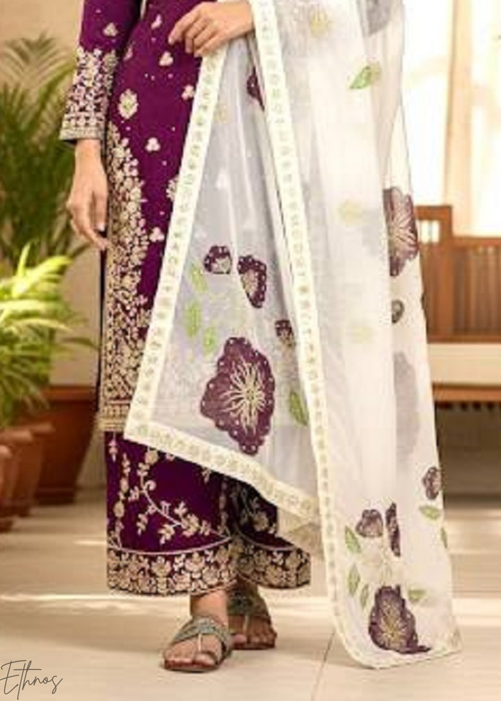 Printed Purple Silk Palazzo Suit