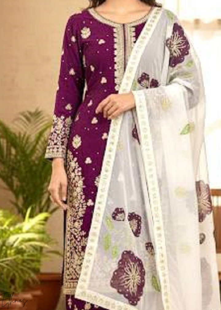 Printed Purple Silk Palazzo Suit