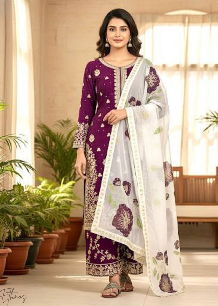 Printed Purple Silk Palazzo Suit