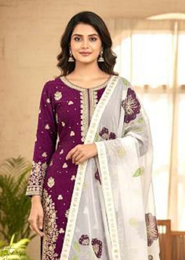 Printed Purple Silk Palazzo Suit