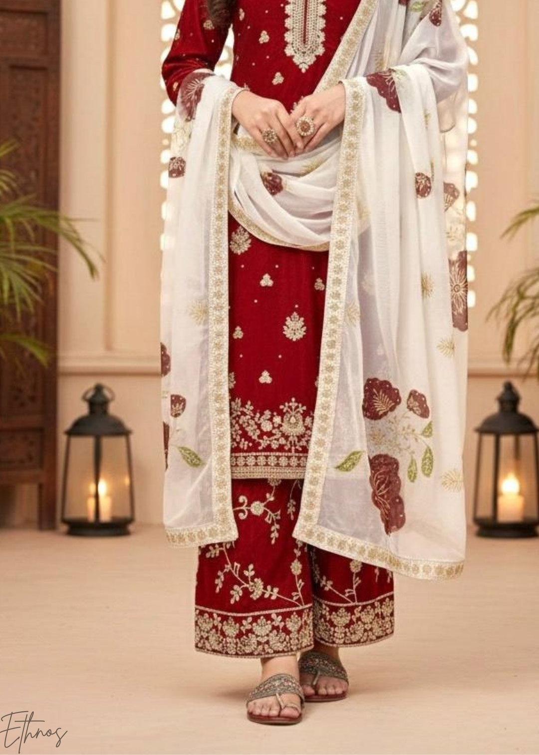 Printed Red Silk Palazzo Suit