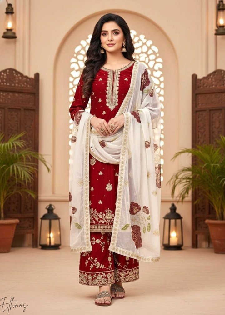 Printed Red Silk Palazzo Suit