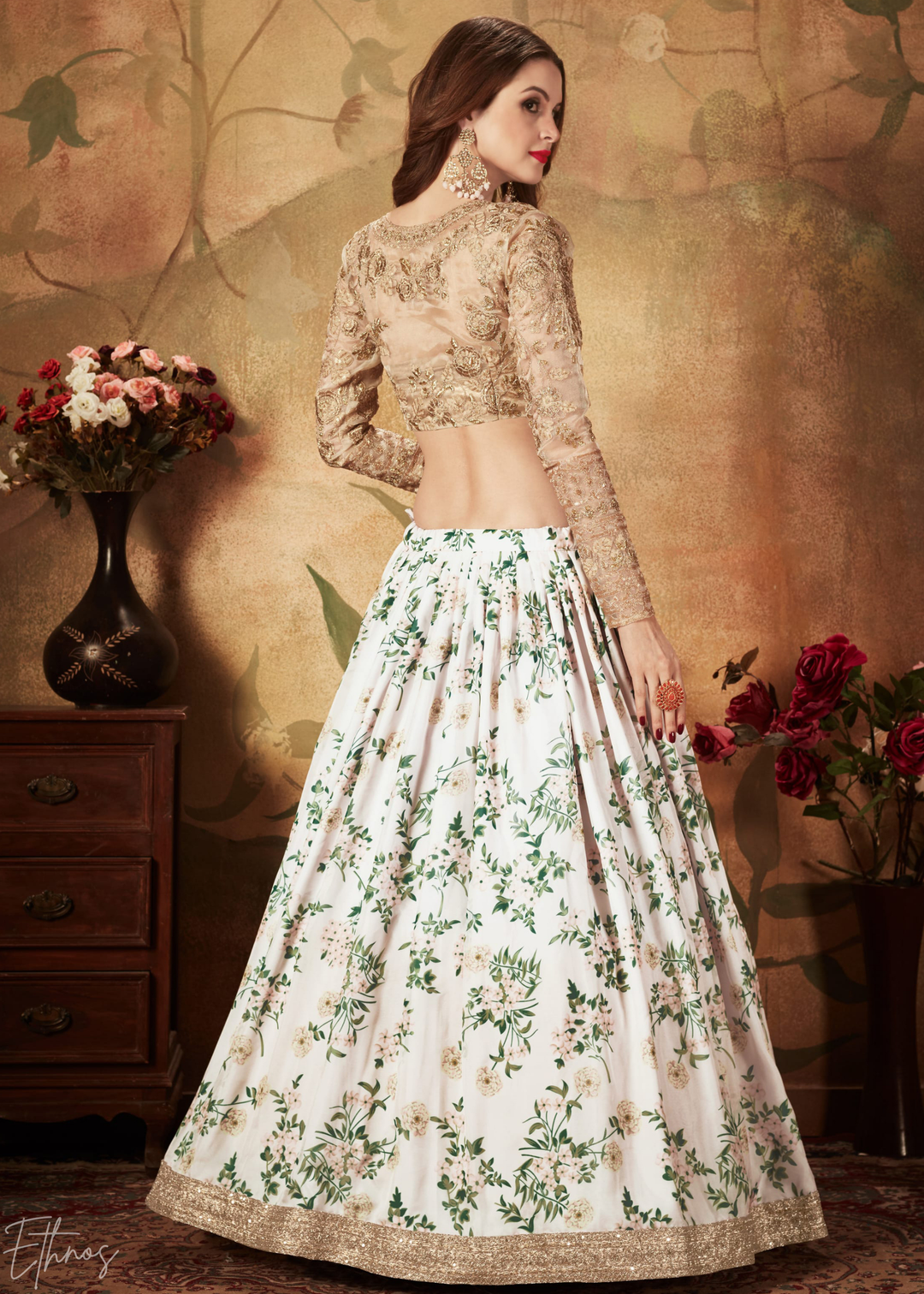 Pristine Ivory Garden Floral Printed Silk Lehenga Choli
