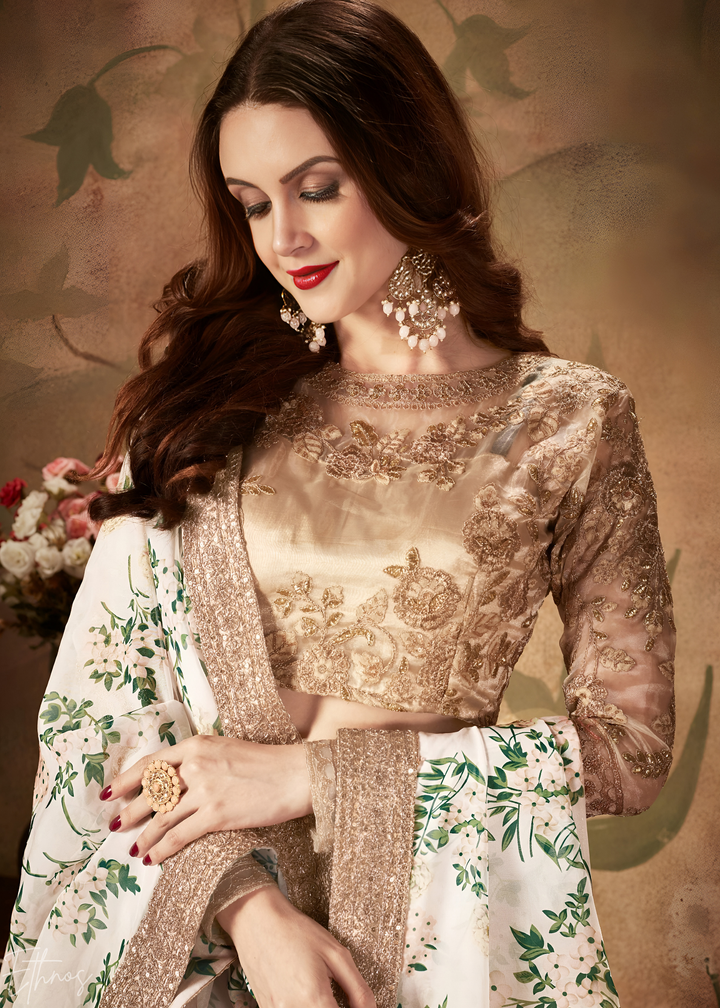 Pristine Ivory Garden Floral Printed Silk Lehenga Choli