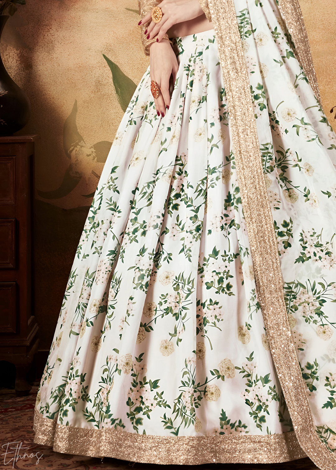 Pristine Ivory Garden Floral Printed Silk Lehenga Choli