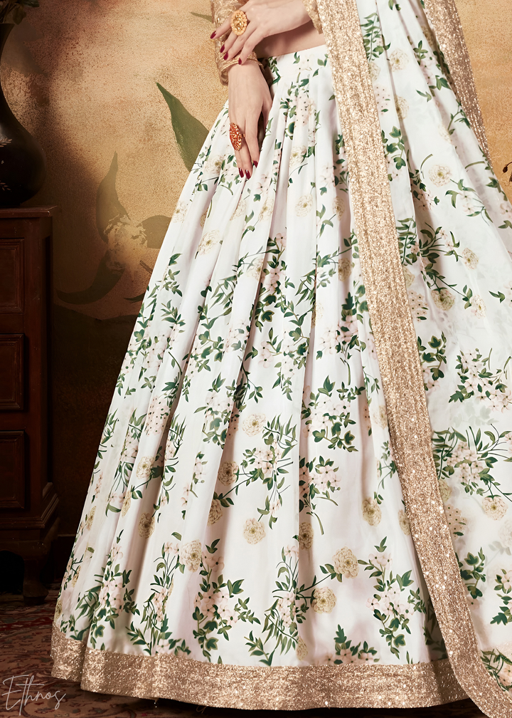 Pristine Ivory Garden Floral Printed Silk Lehenga Choli