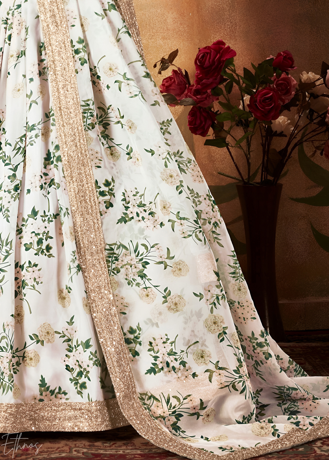 Pristine Ivory Garden Floral Printed Silk Lehenga Choli