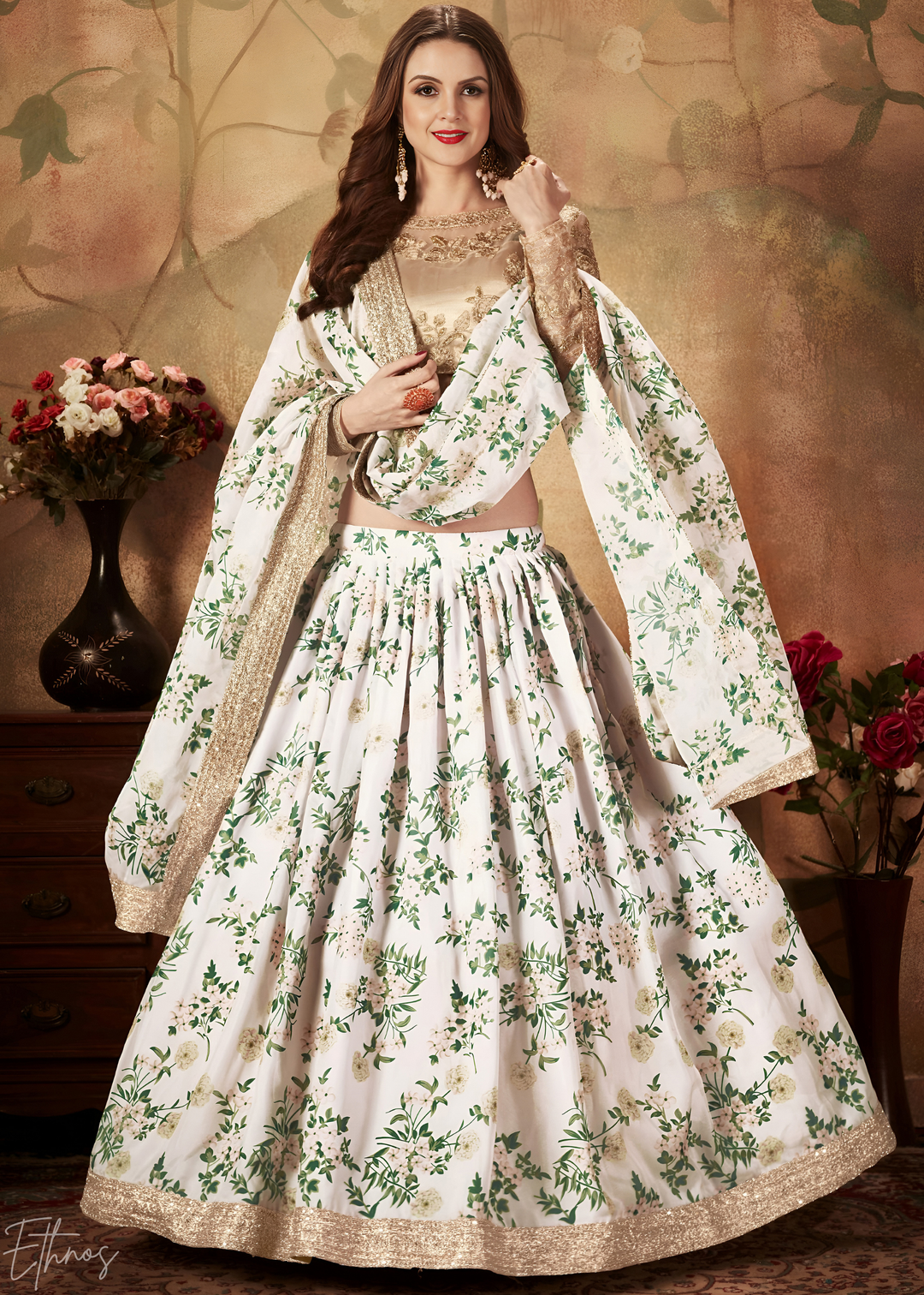 Pristine Ivory Garden Floral Printed Silk Lehenga Choli