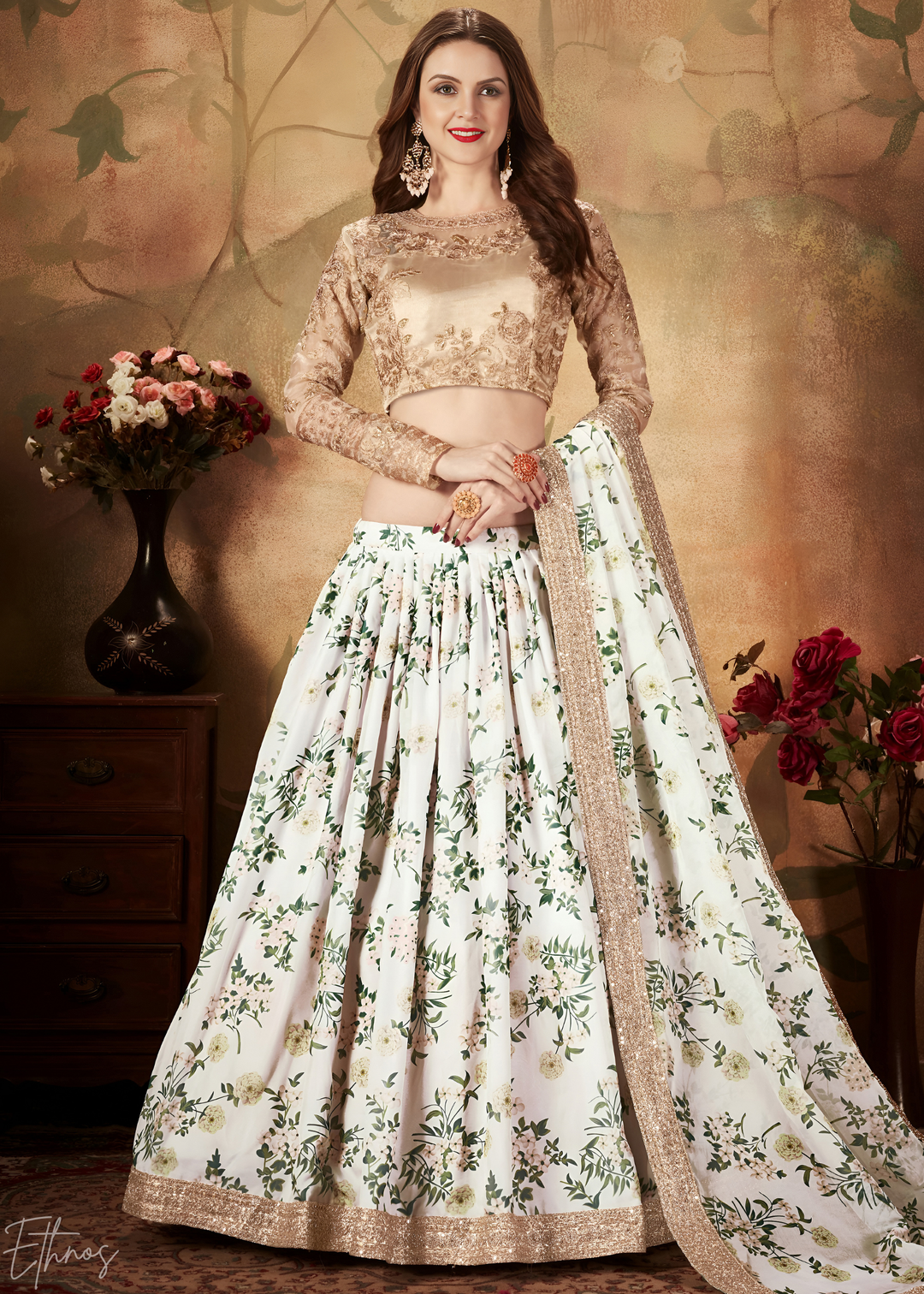 Pristine Ivory Garden Floral Printed Silk Lehenga Choli