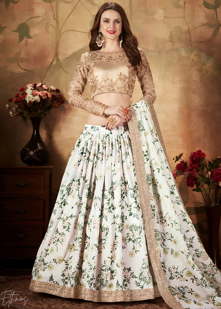 Pristine Ivory Garden Floral Printed Silk Lehenga Choli