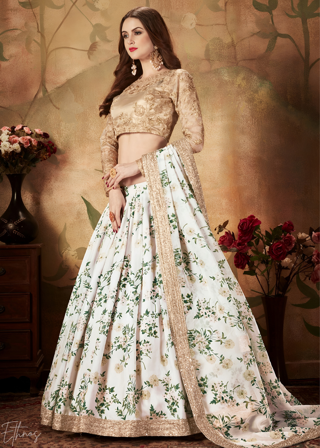 Pristine Ivory Garden Floral Printed Silk Lehenga Choli