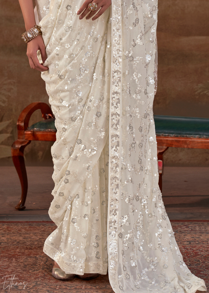 Pristine Ivory Iridescent Sequin Blossom Georgette Saree