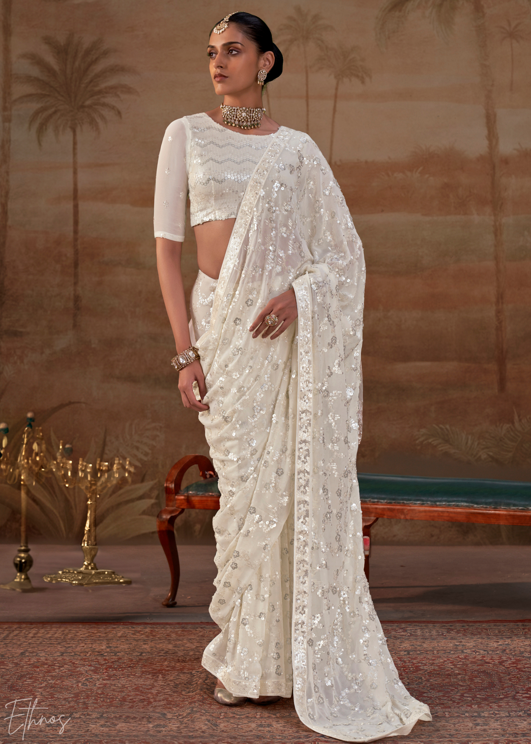 Pristine Ivory Iridescent Sequin Blossom Georgette Saree