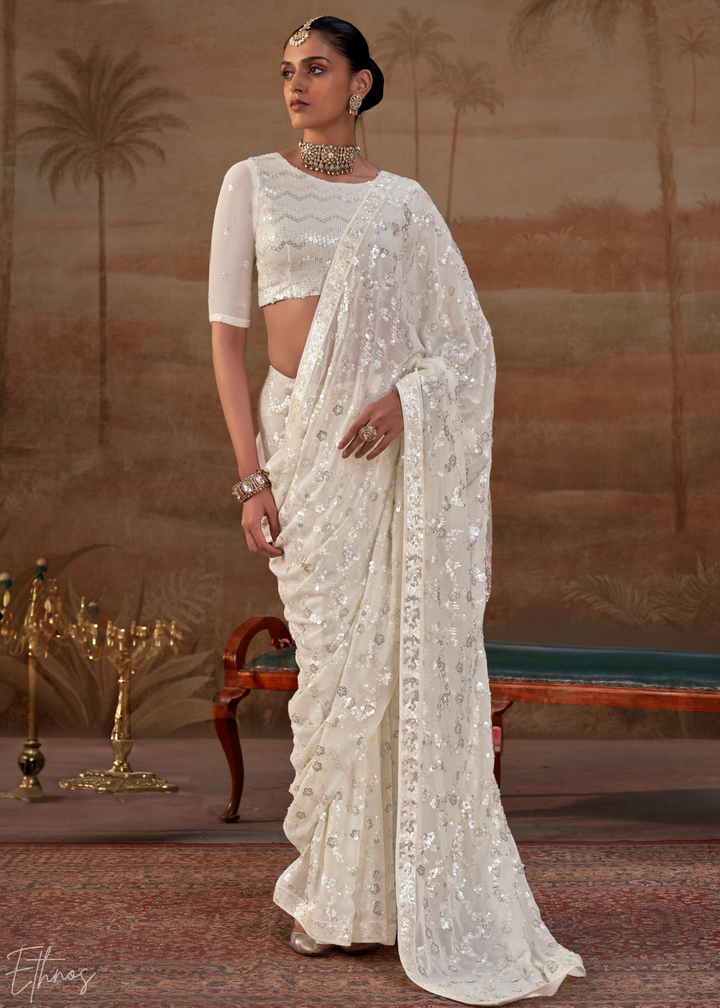 Pristine Ivory Iridescent Sequin Blossom Georgette Saree