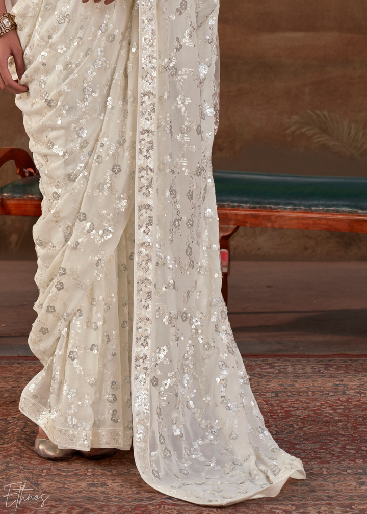 Pristine Ivory Iridescent Sequin Blossom Georgette Saree