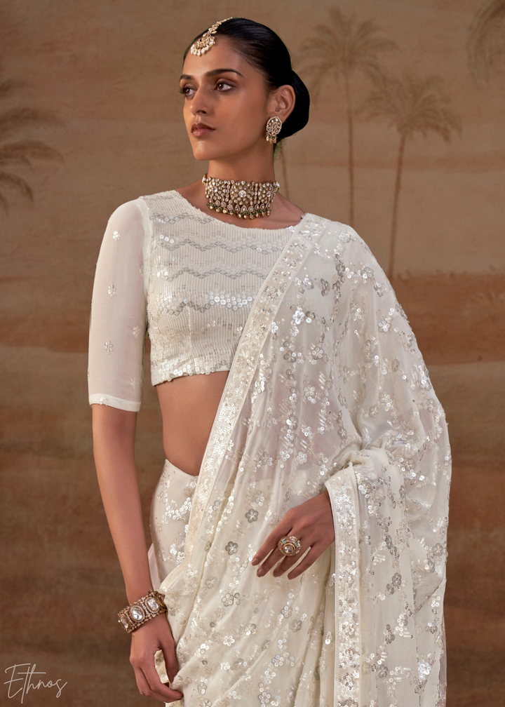 Pristine Ivory Iridescent Sequin Blossom Georgette Saree