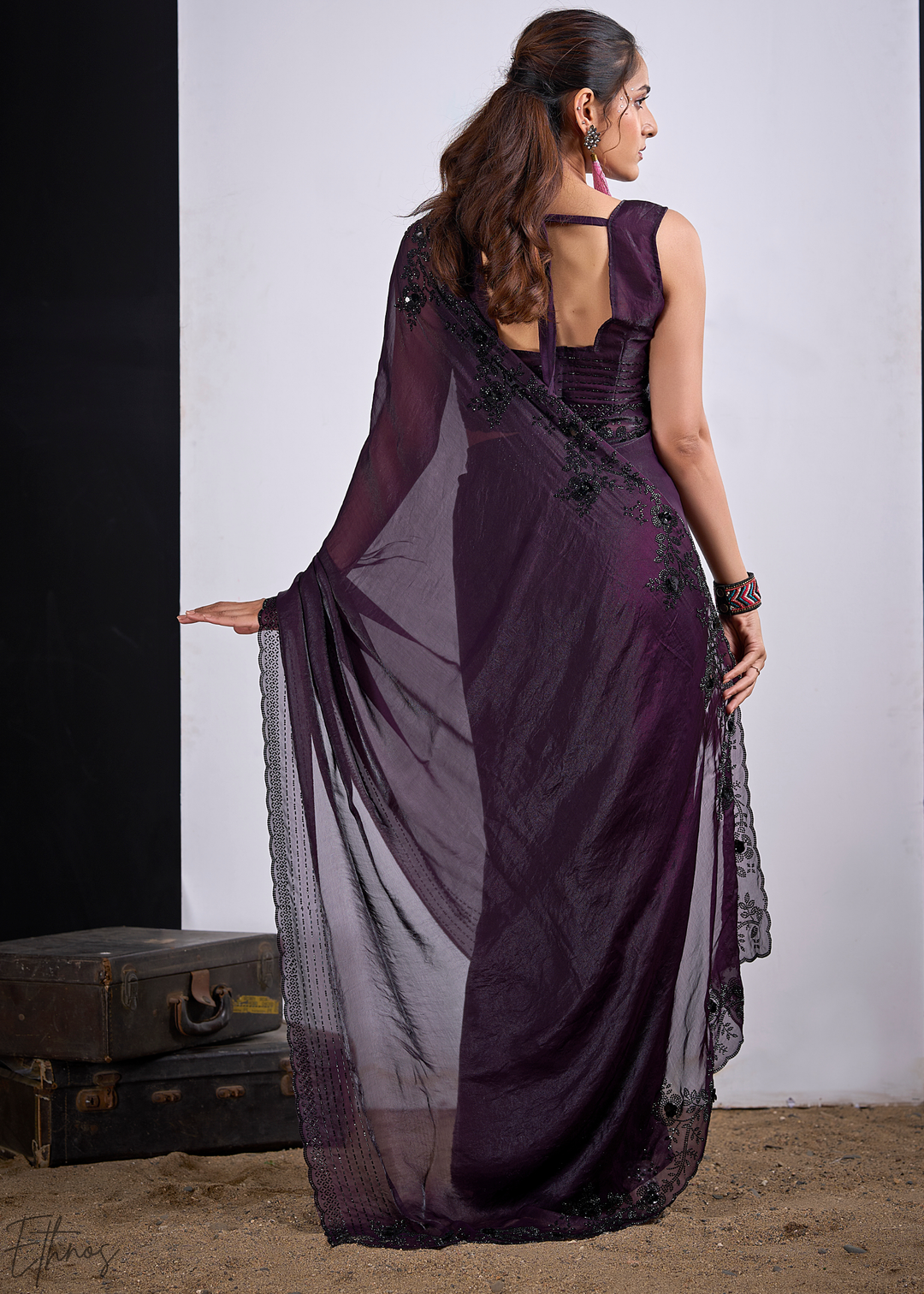 Purple Amethyst Cutdana Fendy Satin Silk Saree