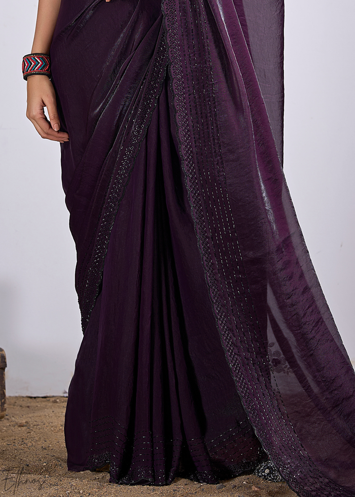 Purple Amethyst Cutdana Fendy Satin Silk Saree