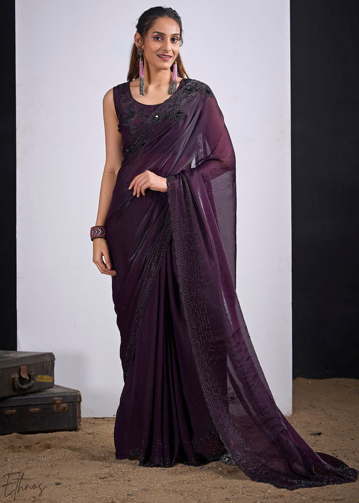 Purple Amethyst Cutdana Fendy Satin Silk Saree