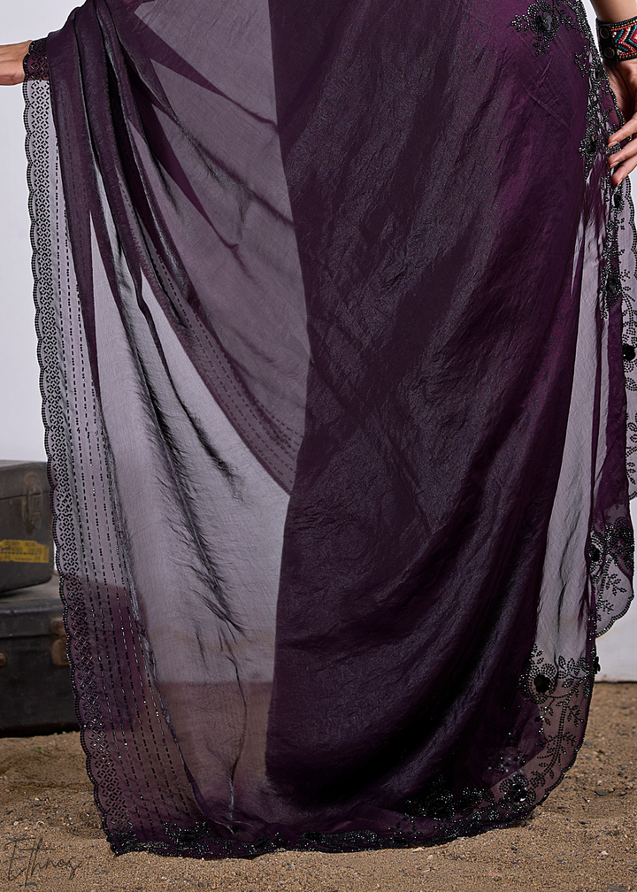 Purple Amethyst Cutdana Fendy Satin Silk Saree