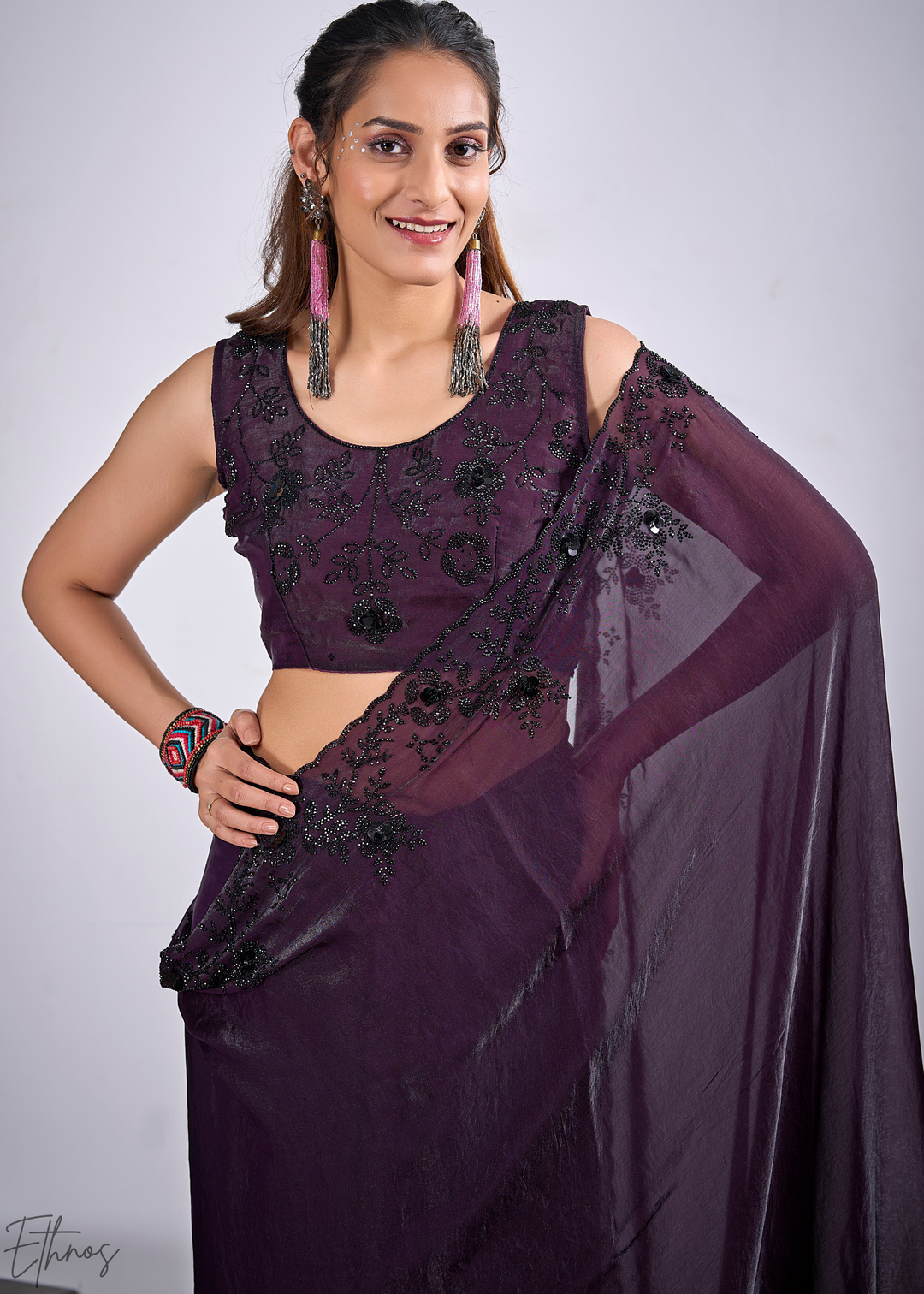 Purple Amethyst Cutdana Fendy Satin Silk Saree